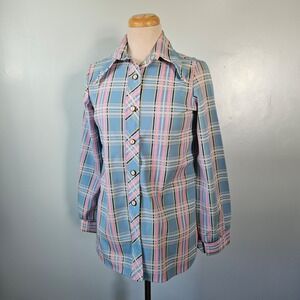 Vintage 70s Plaid Dagger Collar Button Up Shirt Blue Pink Pastel Disco Top M
